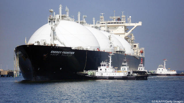 A liquefied natural gas (LNG) tanker arr