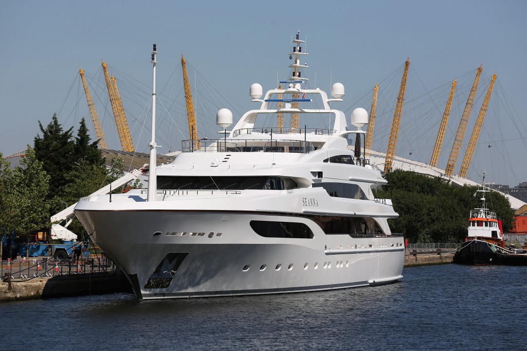 Super Yachts Moored In South Quay As Their Owners Visit London Ahead Of The Olympics