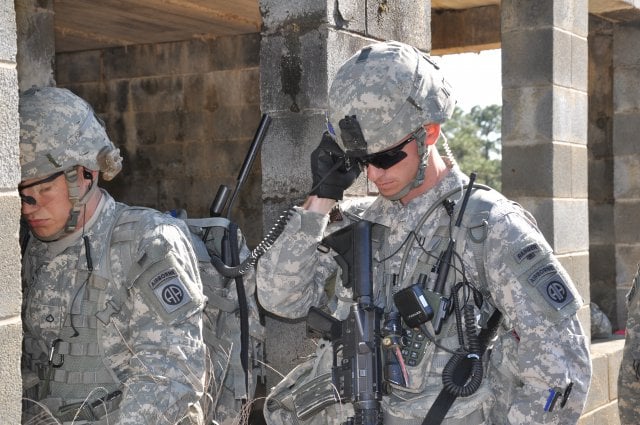 Paratroopers from 3rd Brigade Combat Team, 82nd Airborne Division, use Joint Tactical Radio System radios to communicate during a field exercise at Fort Bragg, N.C., in March.
