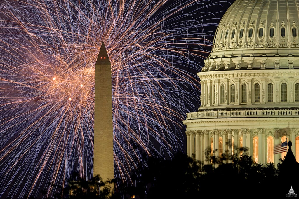 Fireworks over the US Capitol Dome in Washington, DC.
