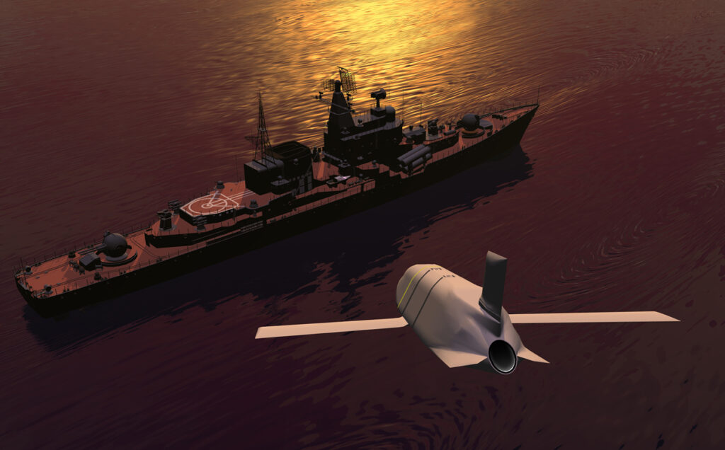 An artist's depiction of a Lockheed Martin LRASM (Long-Range Anti-Ship Missile) hurtling towards its target.