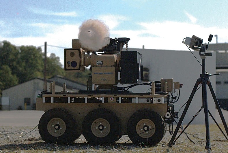 Northrop Grumman's MADDS armed robot (based on an earlier unarmed 'bot called CaMEL) captured in the act of firing.