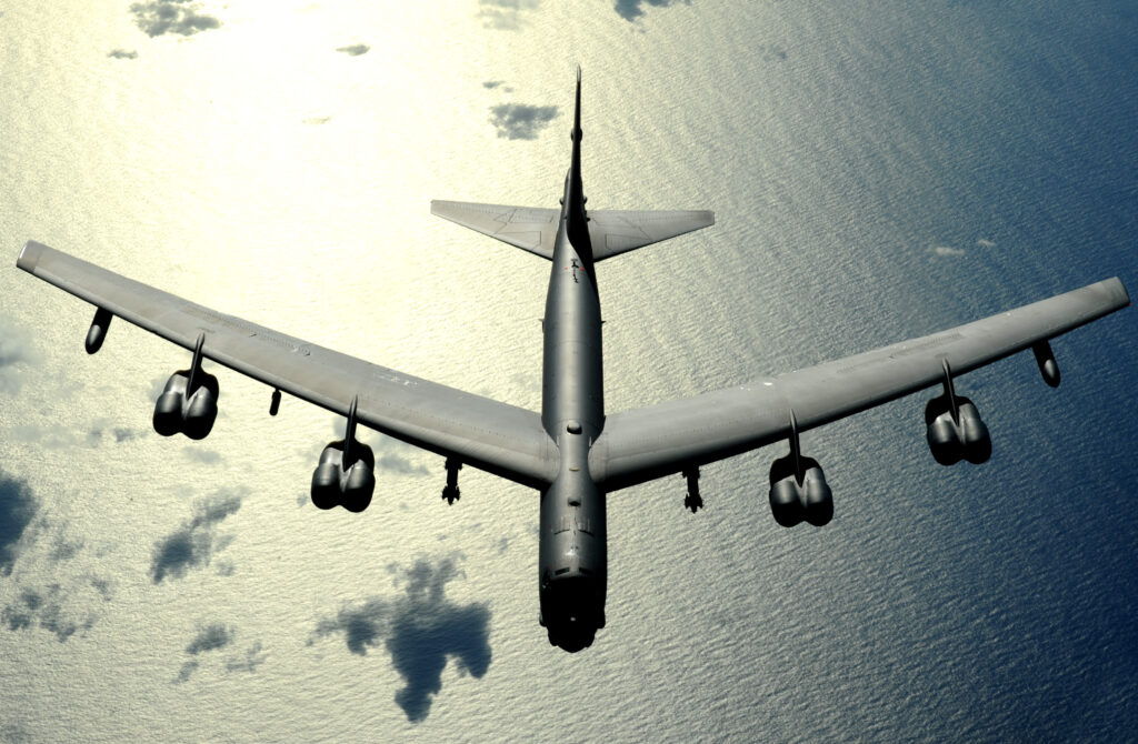 A US Air Force B-52 flies over the Pacific on a flight out of Guam. Bombers like this one challenged the Chinese air defense one earlier today.