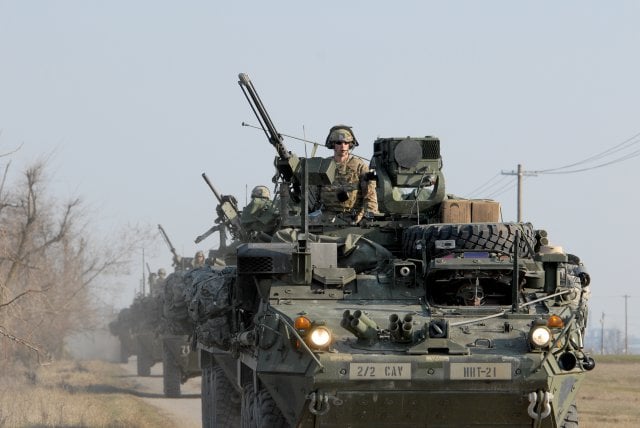 Styrker-armored vehicles, from 2nd Squadron, 2nd Cavalry Regiment, arrive at Smardan Training Area, Romania, March 24, 2015. Saber Junction 15 includes 5,000 troops from 17 NATO allied and partner nations. http://www.army.mil/article/145053/Army_Europe_expands_Operation_Atlantic_Resolve_training_to_Romania__Bulgaria/