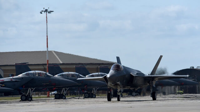 An F-35 from the 34th Fighter Squadron at Hill Air Force Base, Utah, taxis after landing at Royal Air Force Lakenheath, England, April 15, 2017. The fifth generation, multi-role fighter aircraft is deployed here to maximize training opportunities, affirm enduring commitments to NATO allies, and deter any actions that destabilize regional security. (U.S. Air Force photo/Airman 1st Class Eli Chevalier)