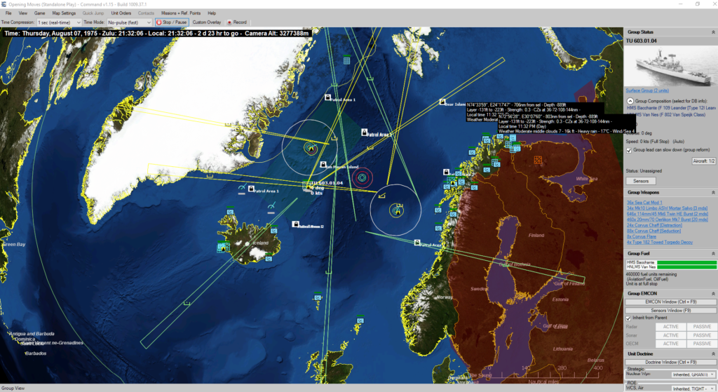 A screenshot from "Command: Modern Operations" showing a range of assets and sensors in a naval combat scenario set in 1975. 