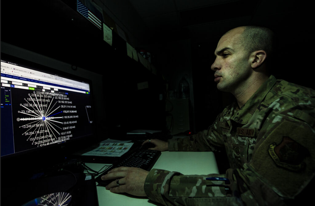 Master Sgt. Blaze West, 911th Communications Squadron mission defense team crew lead, uses the Cyber Vulnerability Assessement/Hunter to view sensor data at the Pittsburgh International Airport Air Reserve Station, Pennsylvania, Feb. 4, 2020. The CVAH allows the mission defense team to proactively assess and prepare against any possible vulnerabilities in the cyber world.