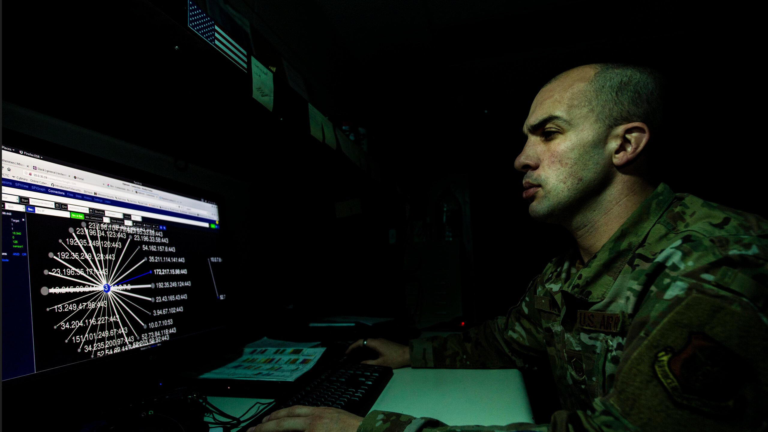 Master Sgt. Blaze West, 911th Communications Squadron mission defense team crew lead, uses the Cyber Vulnerability Assessement/Hunter to view sensor data at the Pittsburgh International Airport Air Reserve Station, Pennsylvania, Feb. 4, 2020. The CVAH allows the mission defense team to proactively assess and prepare against any possible vulnerabilities in the cyber world.