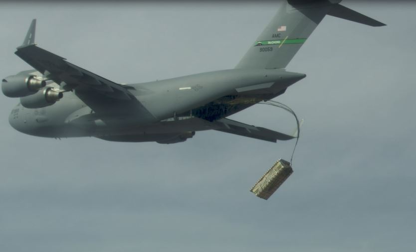  A high altitude airdrop of palletized munitions (JASSM simulants) from a C-17 using standard operational airdrop procedures was conducted during the Air Force’s Advanced Battle Management Family of Systems (ABMS) Onramp #2 activities. (Courtesy photo