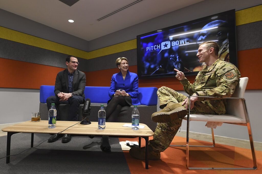 Dr. Will Roper, left, assistant secretary of the Air Force for acquisition, technology and logistics, has a fireside chat for Pitch Bowl with Air Force Secretary Barbara Barrett in Arlington, Va., March 12, 2020.