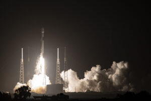 A Falcon 9 carrying GPS III SV04 lifts off from Cape Canaveral Air Force Station, Florida, Nov 5. The fourth GPS III satellite, it will join the 31 operational satellites currently orbiting the Earth. GPS III brings new capabilities to users, including three times greater accuracy and up to eight times improved anti-jamming capabilities. (Photo courtesy of SpaceX)