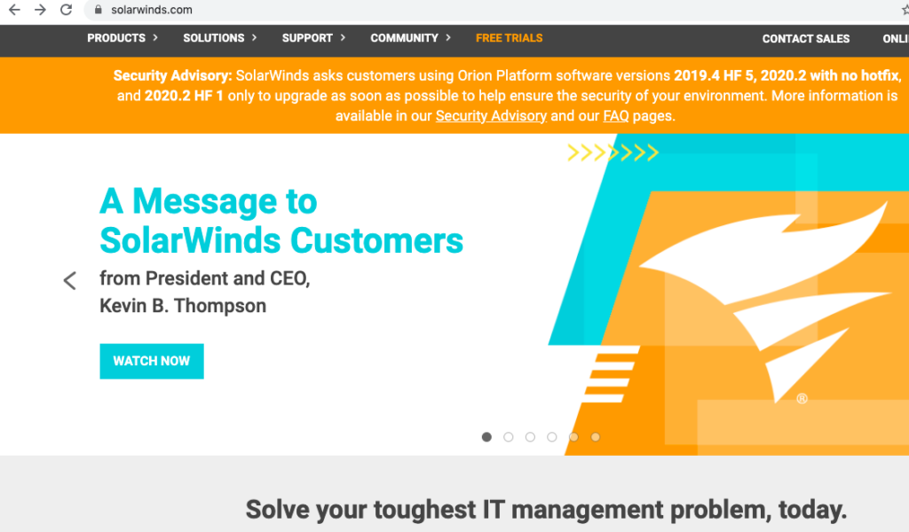 screenshot of SolarWinds homepage