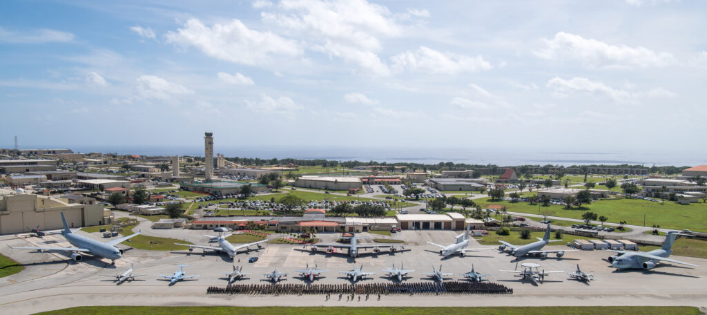Members of the U.S. military, Royal Australian Air Force, and Japan Air Self-Defense Force stand in formation to start Exercise Cope North 20 (CN20), at Andersen Air Force Base, Guam, Feb. 12, 2020. CN20 is an annual trilateral field training exercise conducted at Andersen AFB, and around the Commonwealth of the Northern Mariana Islands (CNMI), Palau, and Yap in the Federated States of Micronesia. (U.S. Air Force photo by Senior Airman Gracie Lee)