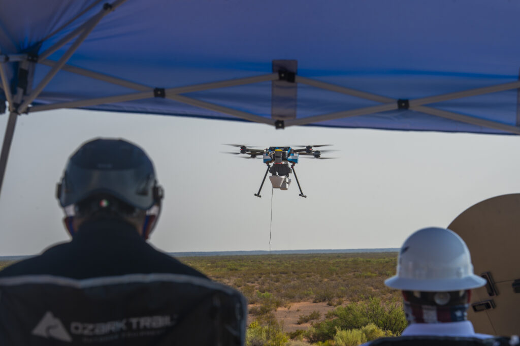 An AT&T drone takes flight in order to provide 5G connectivity to defense contractors participating in the Advanced Battle Management Systems (ABMS) Onramp 2 at White Sands Missile Range, New Mexico on Aug. 27, 2020. The Advanced Battle Management System (ABMS) is an interconnected battle network - the digital architecture or foundation - which collects, processes and shares data relevant to warfighters in order to make better decisions faster in the kill chain. In order to achieve all-domain superiority, it requires that individual military activities not simply be de-conflicted, but rather integrated – activities in one domain must enhance the effectiveness of those in another domain. (U.S. Air Force photo by Senior Airman Daniel Garcia)