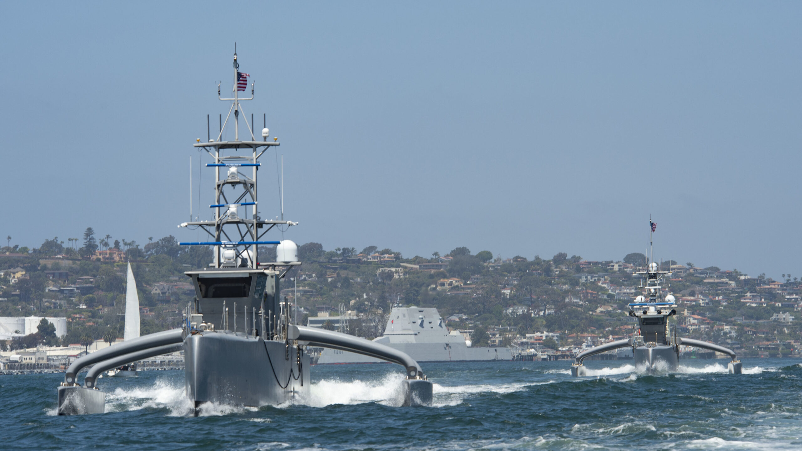 Seahawk and Sea Hunter medium displacement unmanned surface vessels launch during UxS IBP 21