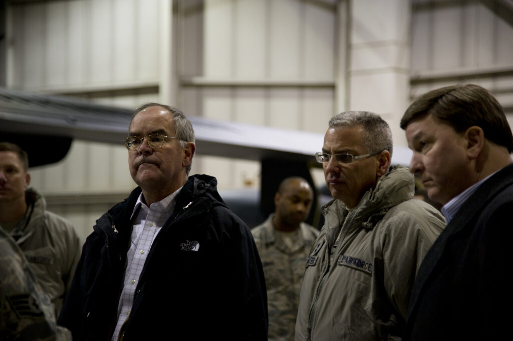 Rep. Mike Rogers, of Alabama, and Rep. Jim Cooper, of Tennessee, toured a missile alert facility prior to seeing the B-52H Stratofortress, granting them insight not only of the mission but also of the Airmen who support it. Two members of House Armed Services Committee visited Minot Air Force Base, Dec. 13-15, where they had a firsthand view of the 5th Bomb Wing and 91st Missile Wing missions in supporting two legs of the nuclear triad. (U.S. Air Force photos/Senior Airman Brittany Y. Auld)
