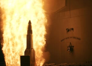 The USS Lake Erie (CG 70) launches a Standard Missile-3 at a non-functioning National Reconnaissance Office satellite as it traveled in space at more than 17,000 mph over the Pacific Ocean on Feb. 20, 2008. The objective was to rupture the satellite's fuel tank to dissipate the approximately 1,000 pounds (453 kg) of hydrazine, a hazardous material which could pose a danger to people on earth, before it entered into earth's atmosphere. The USS Lake Erie is an Aegis guided missile cruiser. USS Decatur (DDG 73) and USS Russell (DDG 59) were also part of the task force. DoD photo by U.S. Navy. (Released)