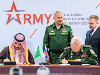 Saudi Deputy Defense Minister Prince Khalid Bin Salman and Russian Deputy Minister of Defense Colonel General Alexander Fomin sign in Moscow an agreement to develop joint military cooperation between the two countries. (Prince Khalid Bin Salman - Twitter)