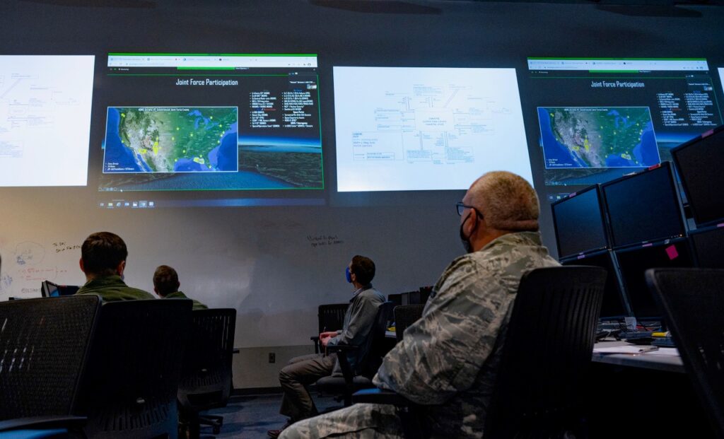 Warfighters at Nellis Air Force Base, Nev., are briefed on the capabilities of the Advanced Battle Management System at the Shadow Operations Center-Nellis, Feb. 26, 2021. The ShOC-N has been tasked by the Joint Chiefs of Staff to become the Air Force’s Joint All-Domain battle laboratory for information gathering and dissemination and application testing and development in order to further enable the Air Force’s ABMS mission