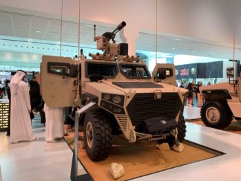 A AJBAN MK2 4x4 ballistic and blast protected light tactical patrol vehicle at IDEX 2021 defense show in Abu Dhabi (Chyrine Mezher)