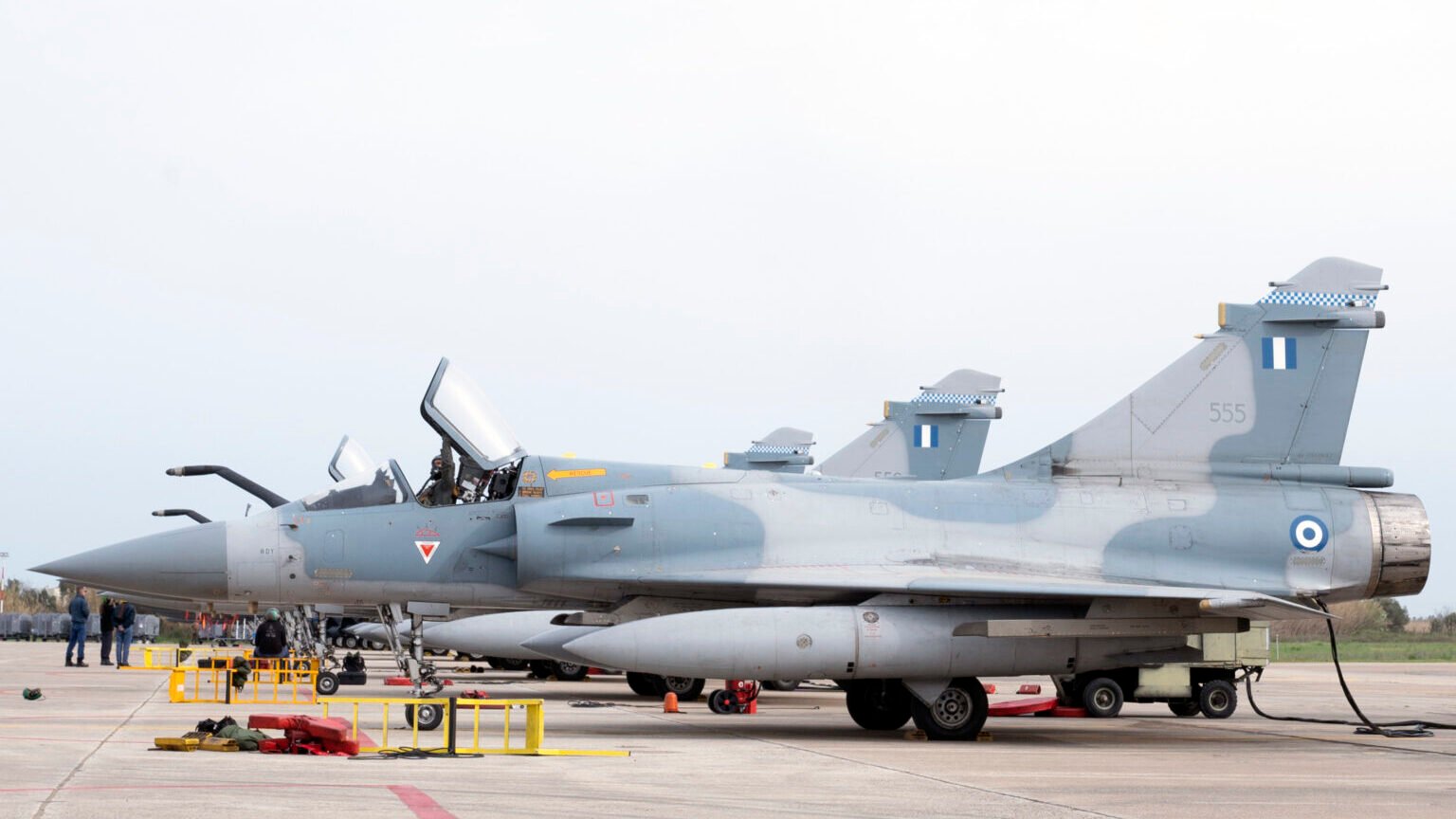 Hellenic Air Force F-16 shares ramp with U.S. Air Force F-15E