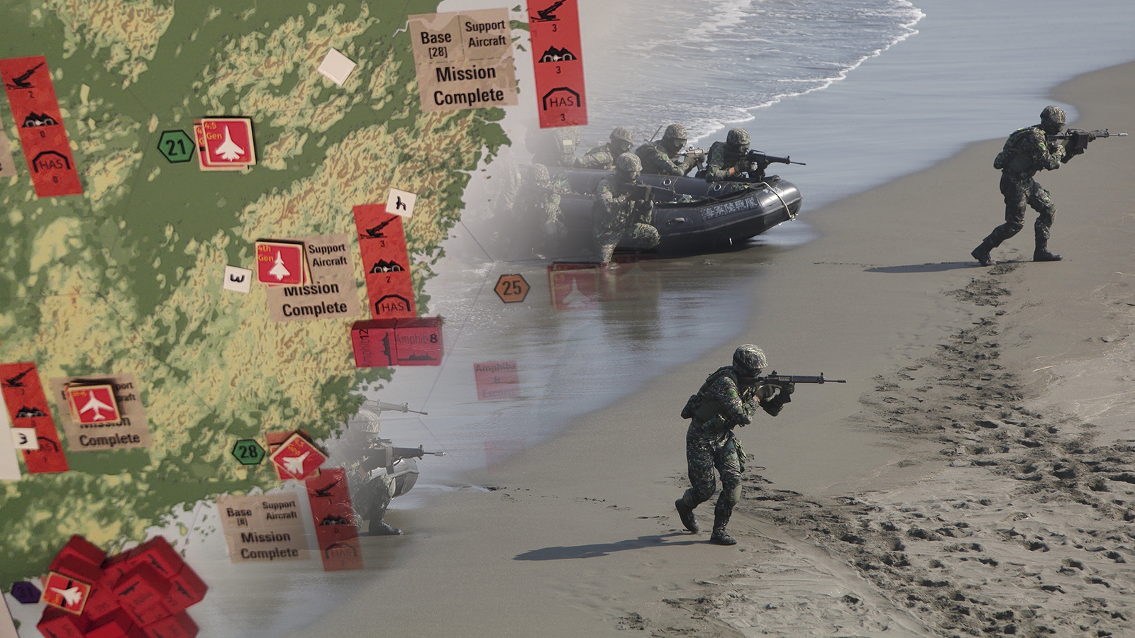 Map of a Taiwan wargame overlays a Getty image of real-world exercises.
