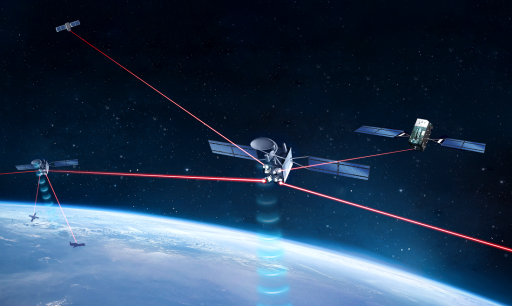 An artist's concept of satellites communicating