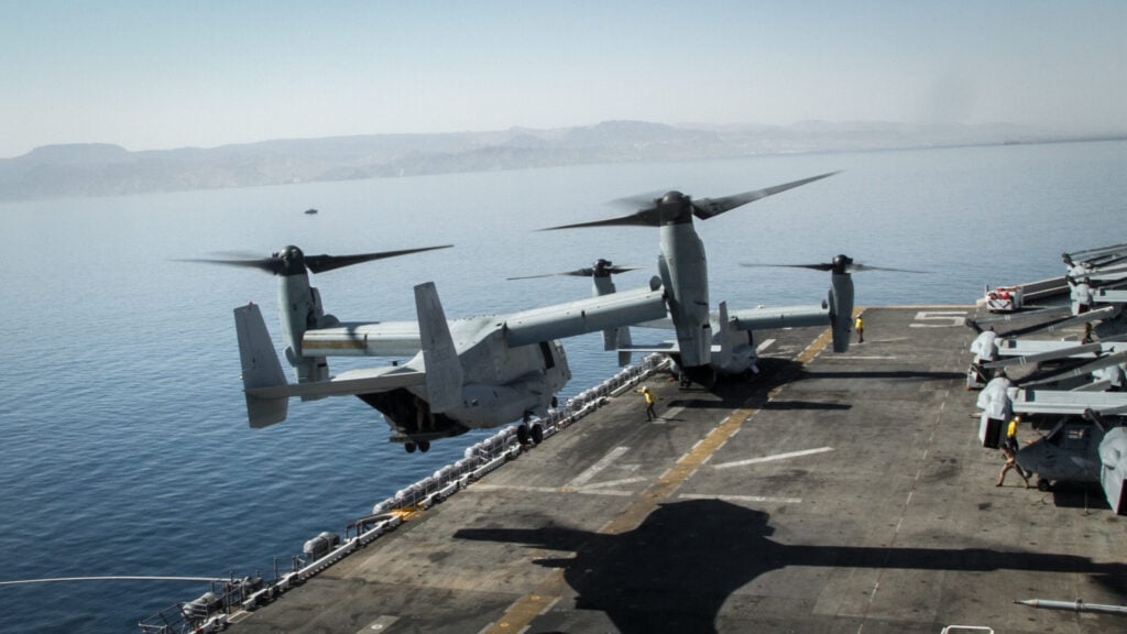U.S. Marine V-22 Osprey ascends the USS Bataan during Eager Lion 17