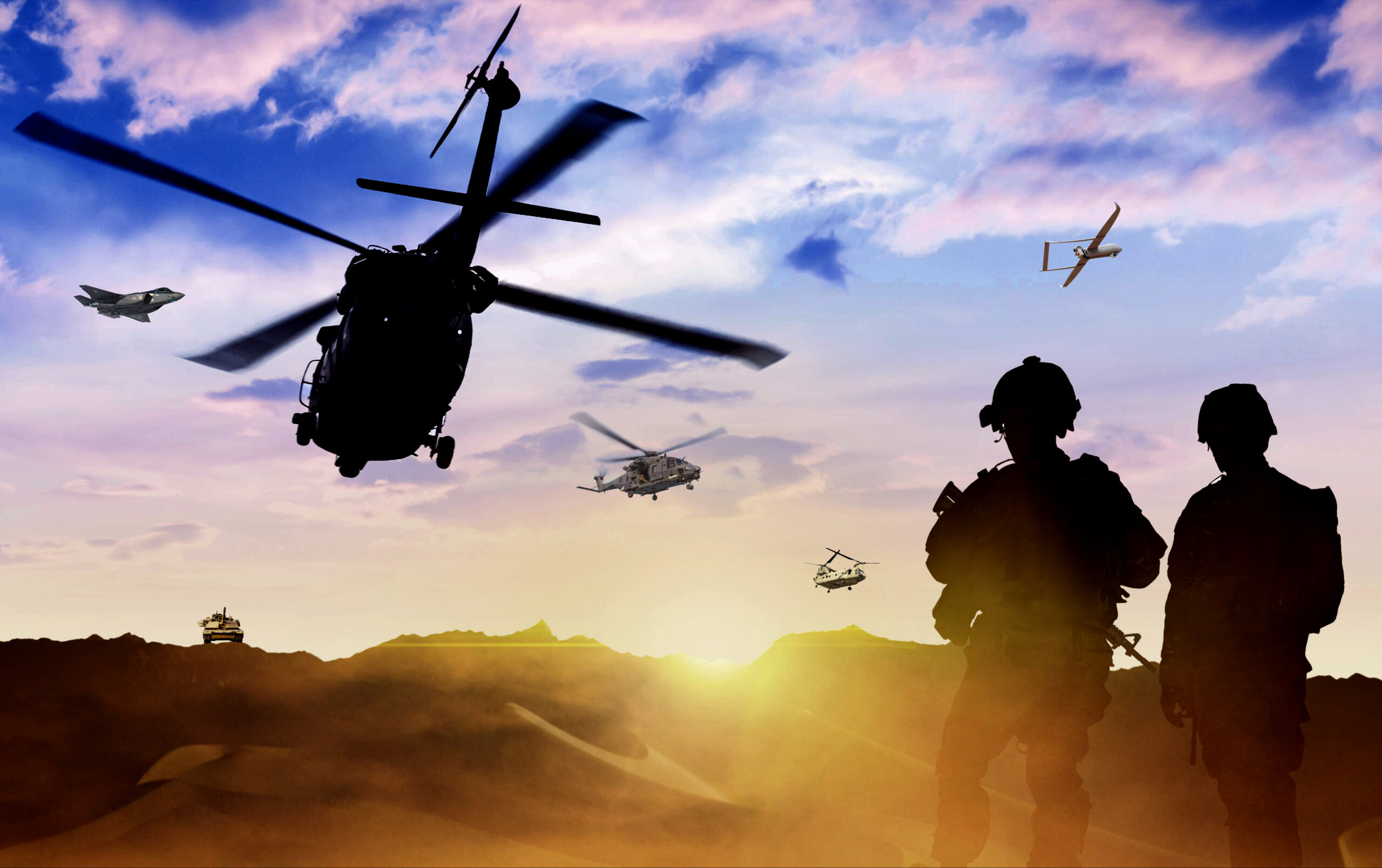Military Helicopter and Army Soldiers at sunset