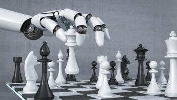 Robot hand playing chess, 3D Rendering