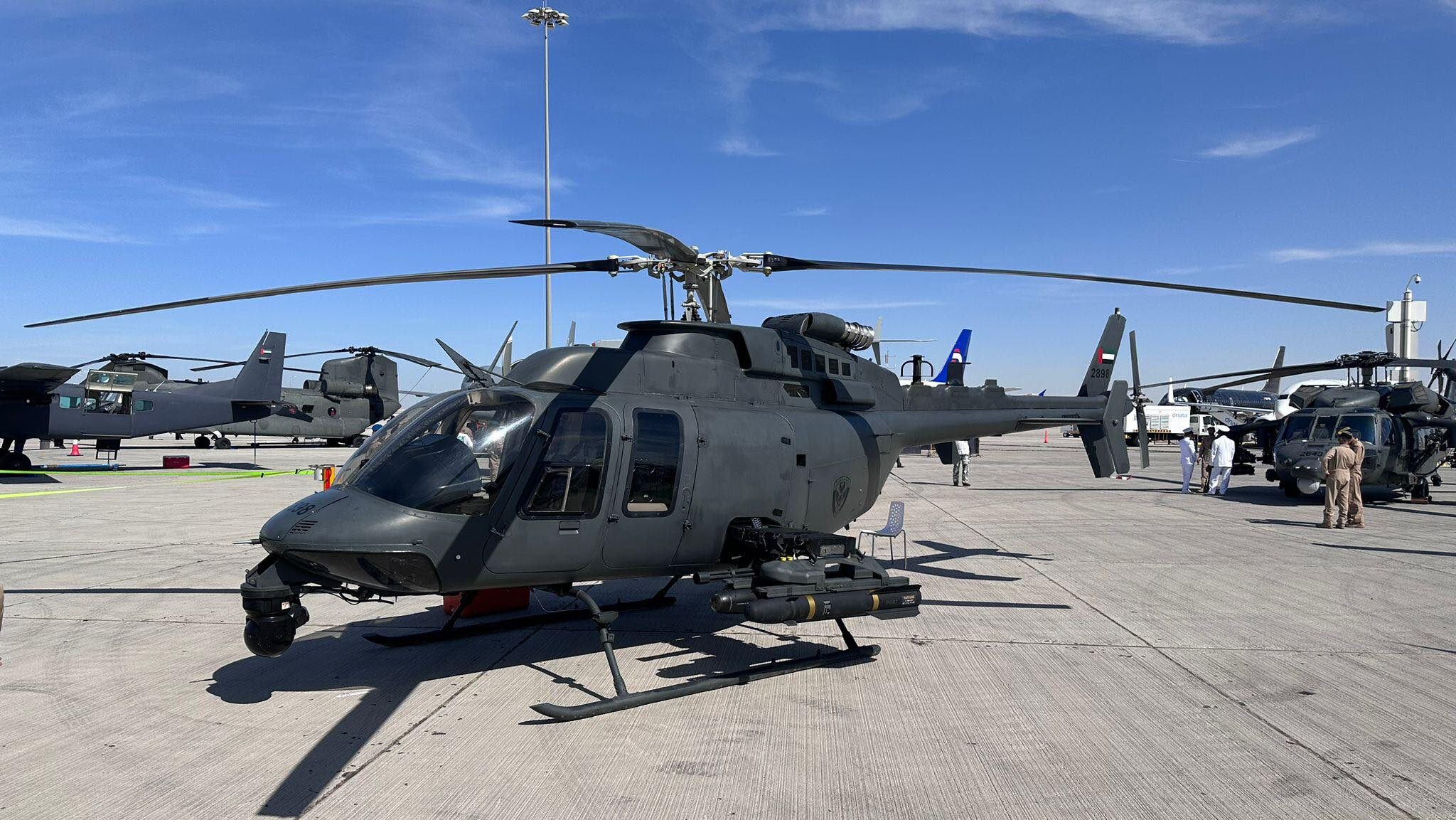 Militarized Bell 407 MRH with UAE flag at Dubai Airshow 2023