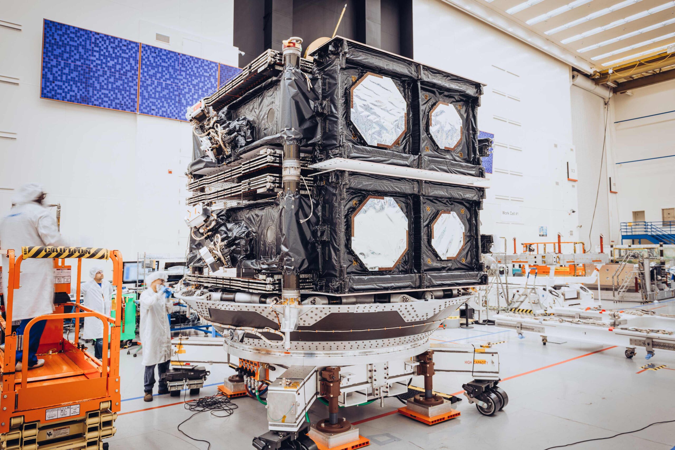 Six O3b mPOWER satellites are already in orbit and commercial service is expected to start in Q2 2024. Shown is an O3b mPOWER satellite being prepped for delivery. (SES photo)