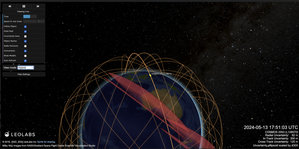 LeoLabs radar tracking visualization of Cosmos-2553.